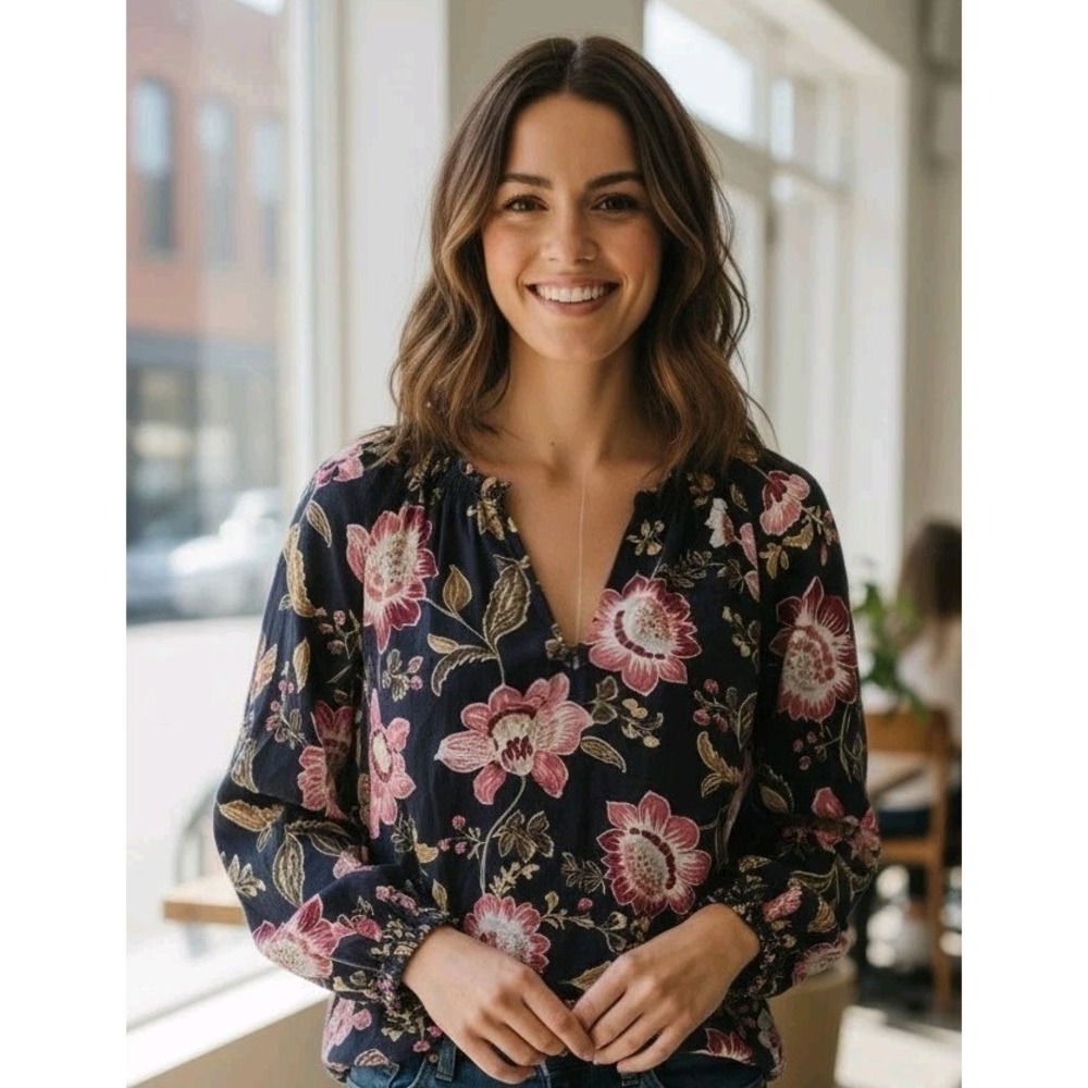 NWT ANN TAYLOR Factory Blouse SZ XS Blue Floral Boho Cottagecore Peasant Top